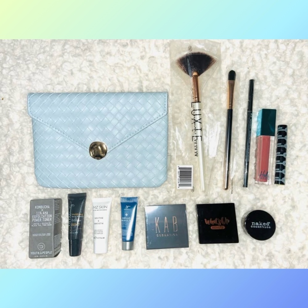Blue Woven Clutch with Makeup Bundle